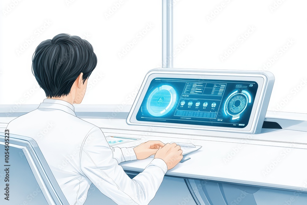 Poster person working at a futuristic computer with holographic display, white isolate background.