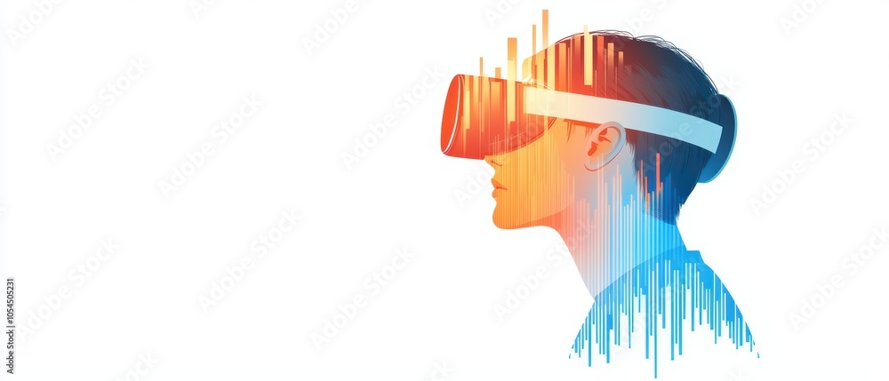 Poster profile view of a person wearing a virtual reality headset with colorful sound wave overlay, white i