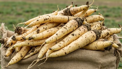 Farm fresh parsnips on burlap sack in field soil clumps adding authenticity