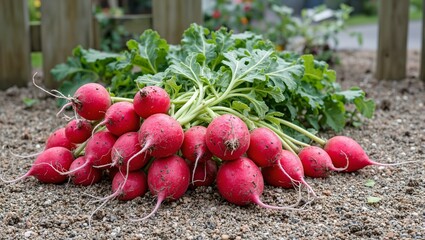 Fresh red radishes on soil near garden fence vibrant and organic - Powered by Adobe