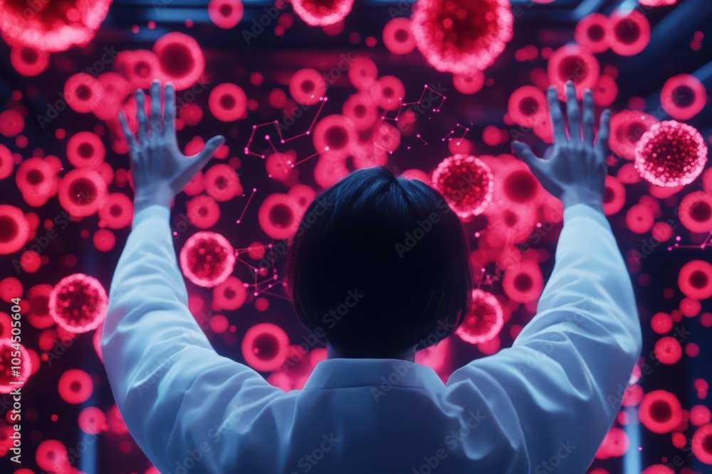 Aufkleber scientist interacting with digital representation of viruses and molecules in a lab environment.