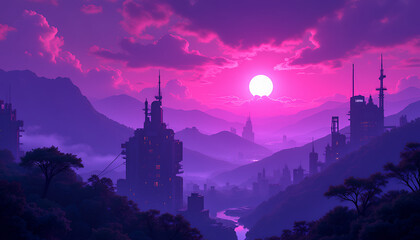 Naklejka premium Cinematic surreal cityscape in hazy neon vaporwave gradient with retro-futuristic architecture