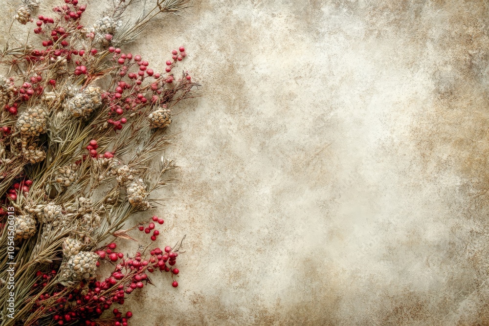 Aufkleber rustic fall themed background with dried red berries on textured weathered surface ideal for seasona