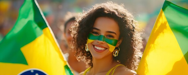 Happy young girl football fan celebrating her team victory. Latino woman with Brazil flag laughing and smiling. Celebration of Independence Day, Labor Day, Proclamation of the Republic