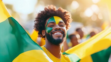 Happy young man football fan celebrating his team victory. Latino guy with Brazil flag laughing and smiling. Celebration of Independence Day, Labor Day, Proclamation of the Republic