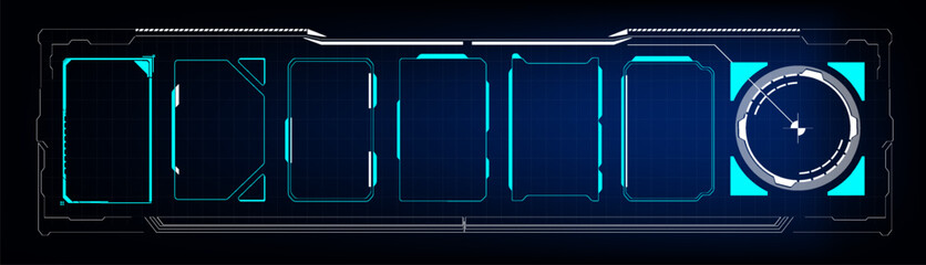Futuristic digital control panel with glowing elements and empty slots for data display at night.