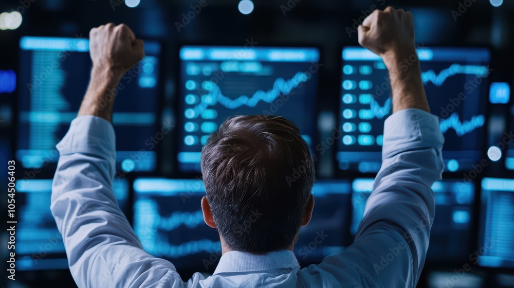 Poster successful trader celebrating with raised fists in front of financial graphs on multiple screens.