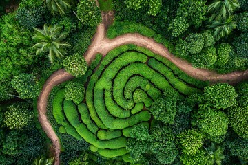 Aerial view of a lush, ecological tea garden