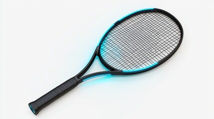 Tennis racket with a futuristic design, illuminated in blue glow, placed on a white isolated background.