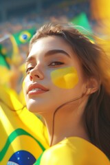 Happy young girl football fan celebrating her team victory. Latino woman with Brazil flag laughing and smiling. Celebration of Independence Day, Labor Day, Proclamation of the Republic