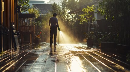 A person cleaning a wooden deck with a spray, surrounded by greenery and sunlight.