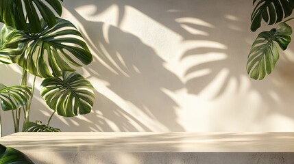 Empty modern, minimal counter, table top, green monstera in sunlight, leaf shadow on white outdoor wall in background with space in background for luxury summer, nature, organic product display backdr