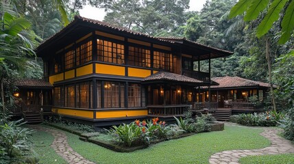 Naklejka premium A yellow and black house with a wooden roof and stone paths in a lush green forest.
