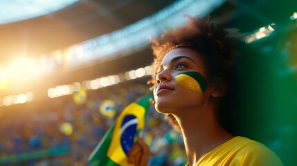 Happy young girl football fan celebrating her team victory. Latino woman with Brazil flag laughing and smiling. Celebration of Independence Day, Labor Day, Proclamation of the Republic