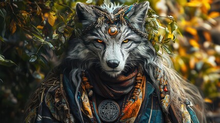 A mystical wolf figure adorned with jewelry and clothing, set against a natural backdrop.