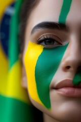 Happy young girl football fan celebrating her team victory. Latino woman with Brazil flag laughing and smiling. Celebration of Independence Day, Labor Day, Proclamation of the Republic