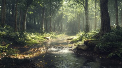 A sunlit stream flows through a lush, green forest, with a misty atmosphere creating an ethereal and serene scene.