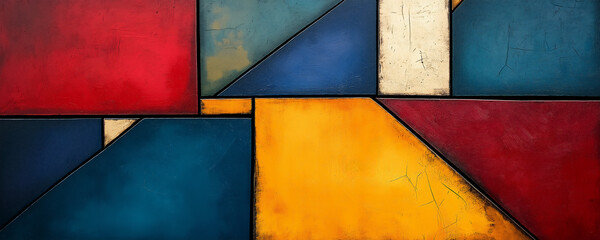 Abstract painting with colorful geometric shapes and lines, including reds, yellows, blues, greens and black. The background is textured to look like wood paneling or wallpaper.