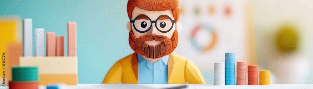 Poster a cartoon character with glasses and a beard, analyzing colorful charts and graphs in an office sett