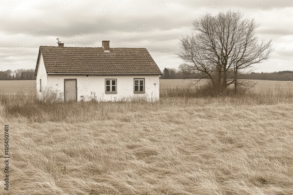 Poster isolated rural house on open field in sepia tone capturing nostalgia solitude and quietness in a vas
