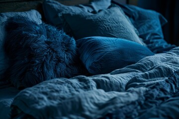 Bed with dark blue bedding and fluffy dark blue pillows. Neural network ai generated art