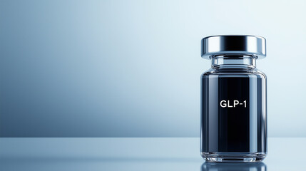 A futuristic-looking bottle marked "GLP-1" rests against a solid silver background, the metallic sheen symbolizing the precision and scientific breakthroughs in the pharmaceutical
