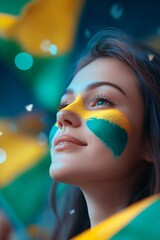 Happy young girl football fan celebrating her team victory. Latino woman with Brazil flag laughing and smiling. Celebration of Independence Day, Labor Day, Proclamation of the Republic