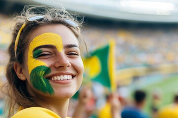 Happy young girl football fan celebrating her team victory. Latino woman with Brazil flag laughing and smiling. Celebration of Independence Day, Labor Day, Proclamation of the Republic