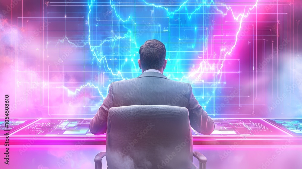 Poster futuristic manager conducting data analysis in synthwave style