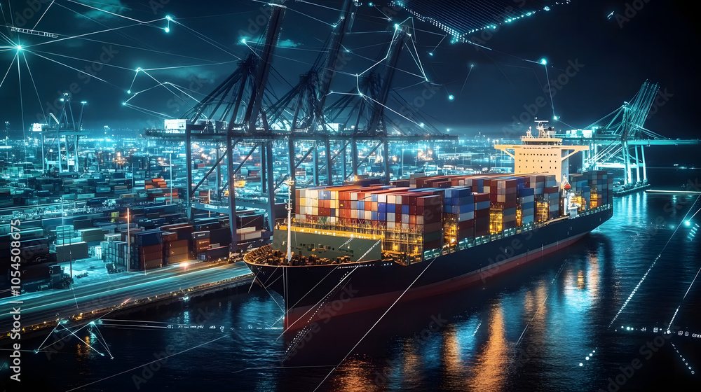 Poster a large container ship is docked at a bustling port at night, illuminated by lights and digital line
