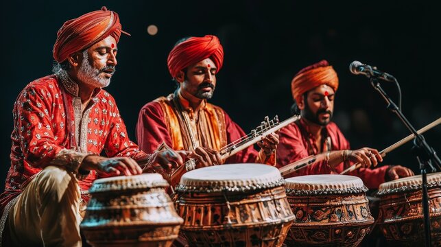 Group of musicians performing Indian classical music, with traditional instruments like tabla and flute