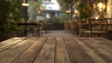 A wooden table in a cozy caf? setting with blurred background details.
