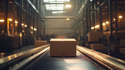 A solitary cardboard box on a conveyor belt in a dimly lit warehouse.