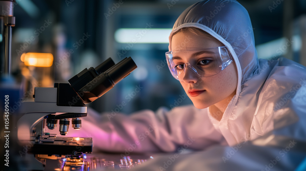 Poster a close-up of a scientist in a cleanroom suit, intently focusing on a microchip semiconductor under 