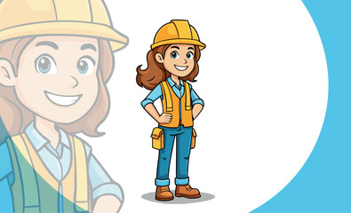 Cartoon mascot of a beautiful woman with an engineer's helmet, designed for an engineering company.