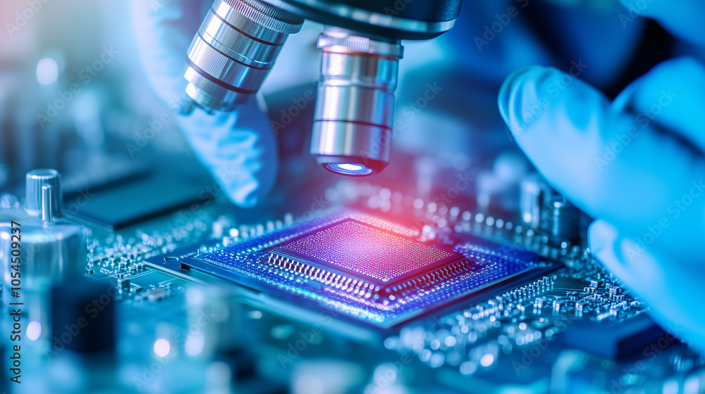 Poster a close-up of a gloved scientist in a cleanroom suit, focusing on a microchip semiconductor under a 