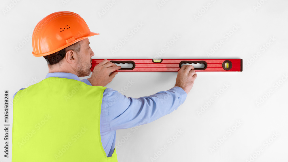 Aufkleber Housebuilder Workman Using Building Level Working Standing Back To Camera On White Studio Background, Wearing Orange Uniform. Builder Using Measurement Tools At Construction Site. Rear View, Panorama