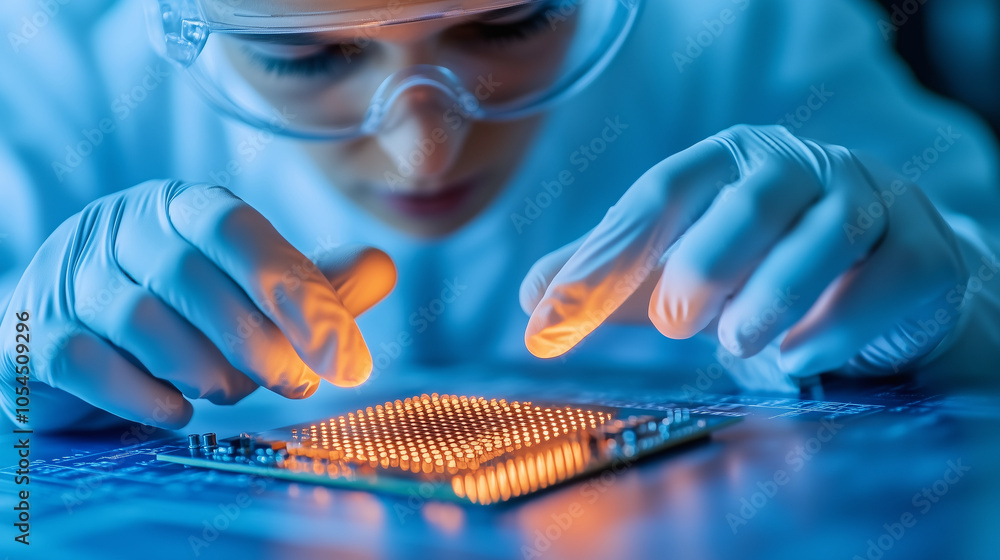 Poster a close-up shot of a scientist in a cleanroom suit, their gloved hands adjusting a microscope to ins