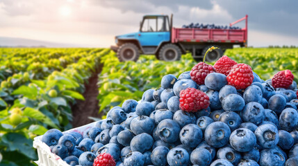 Freshly picked blueberries and raspberries with tractor harvesting in background