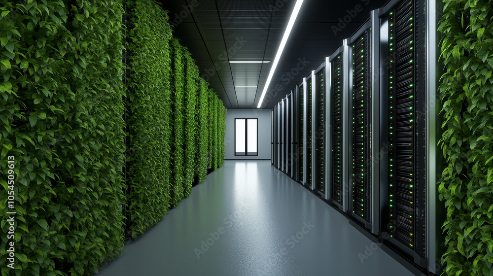 Poster a futuristic data center with energy-efficient servers, accented by vertical gardens of greenery cli