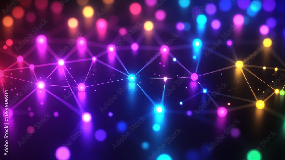 Poster abstract colorful network of glowing dots and lines on a black background.