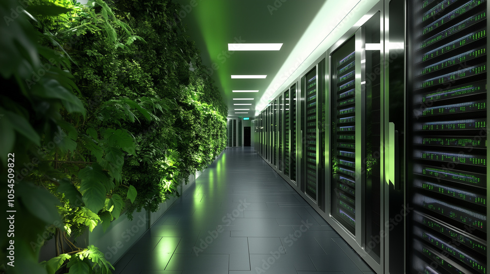 Poster a data center with racks of energy-efficient servers, surrounded by indoor trees and plants, creatin