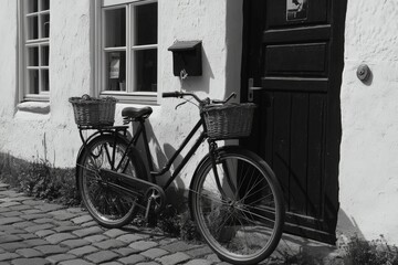 Fototapeta premium Vintage bicycle leaning against weathered wall beside old door conveying nostalgia simplicity and rustic charm ideal for rural travel and lifestyle themes