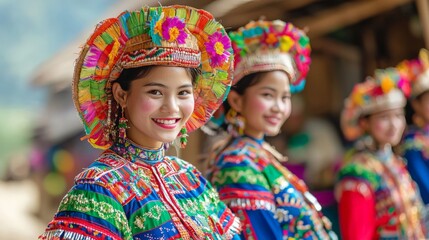 Fototapeta premium Group of Vietnamese ethnic minority villagers participating in a traditional dance, with vibrant costumes and cultural decorations
