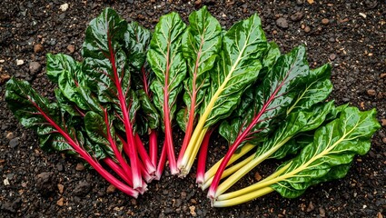 Vivid Swiss chard leaves on dark soil