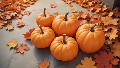 Pumpkins and autumn leaves top view. AI generated