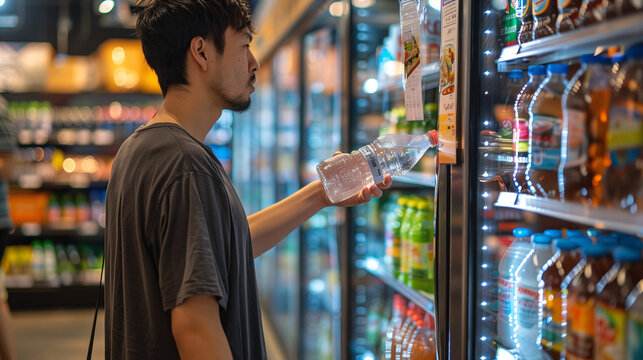 joven eligiendo bebida en refrigerador de supermercado