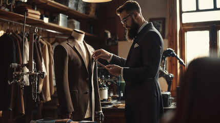 Tailor creating new custom made suit in traditional atelier