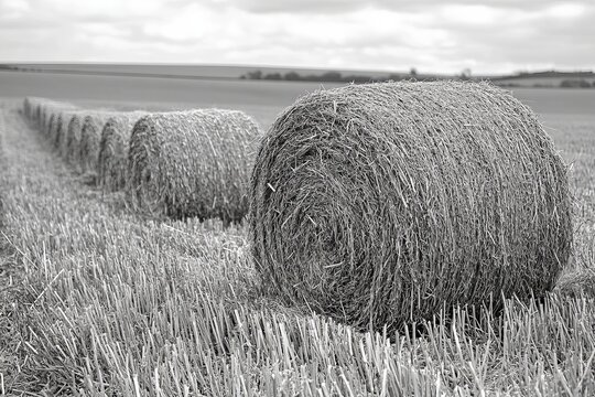 Monochrome photograph of large hay bales in open field under cloudy sky highlighting rural landscape farming and tranquility of agricultural lifestyle