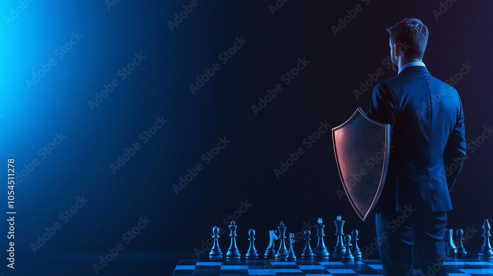 Aufkleber a corporate executive in a suit holds a gleaming shield before an array of chess pieces on a board, 